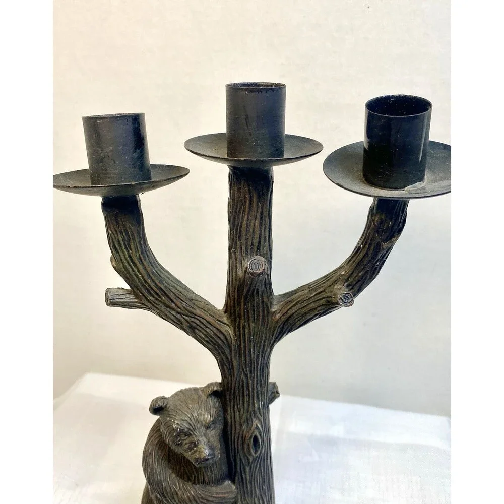 Black Bear Around Tree 11”Candleabrum MCM Candle Holder Rustic Woodland Mancave